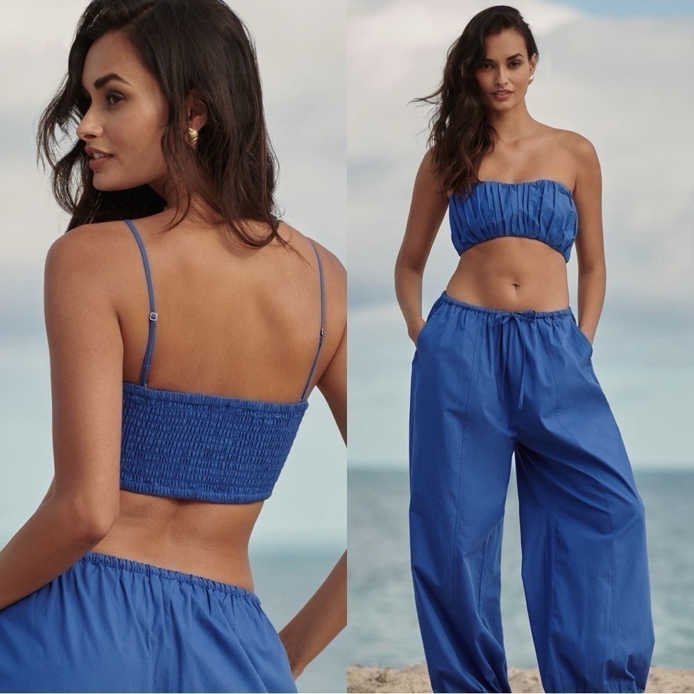 NWT ANTHROPOLOGIE Poplin Ruched Strapless Mini Crop Top Cobalt Blue Sz M